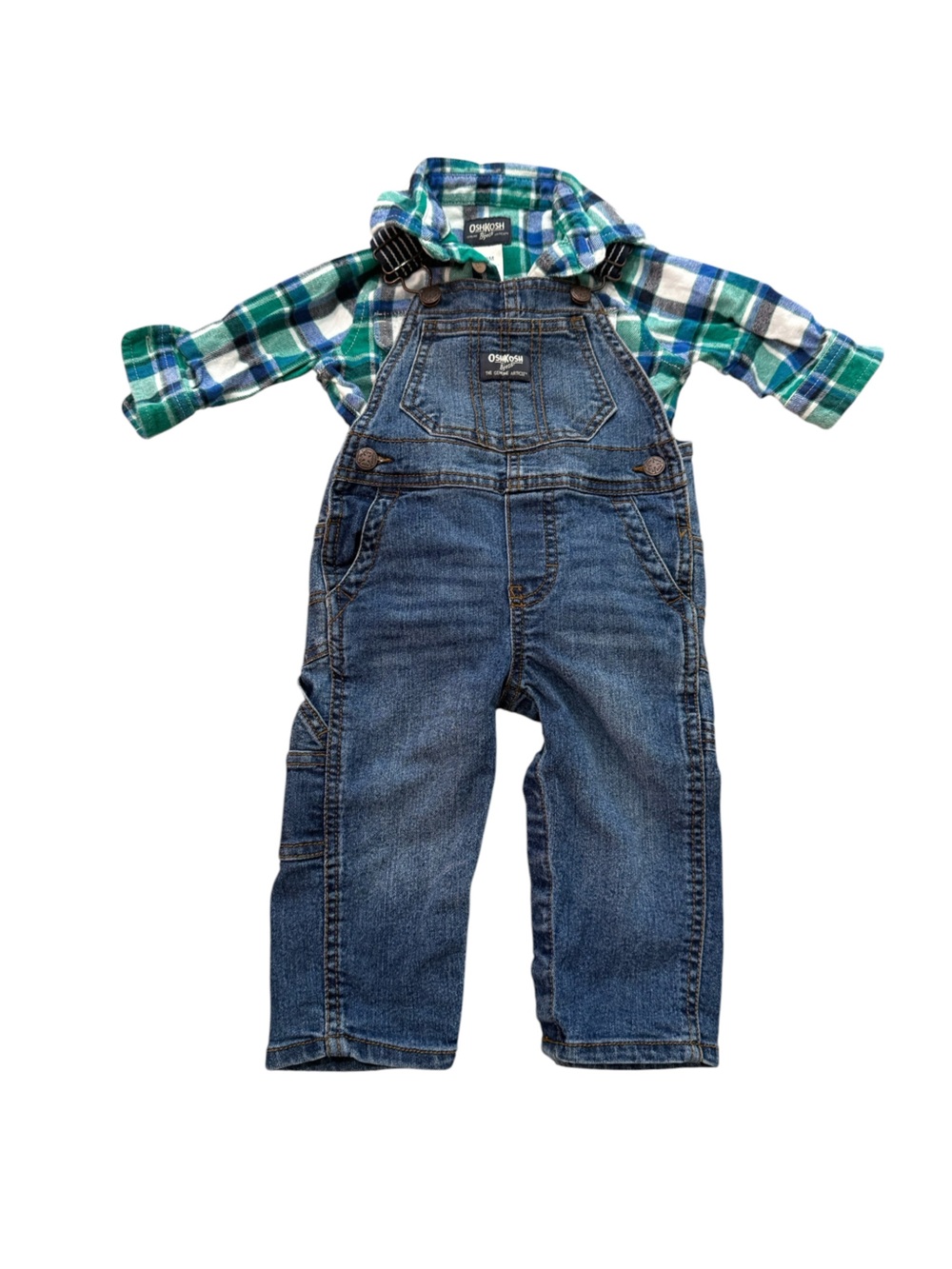 OshKosh B’gosh Baby Boy Denim Overalls Plaid Flannel Bodysuit Set 12 months